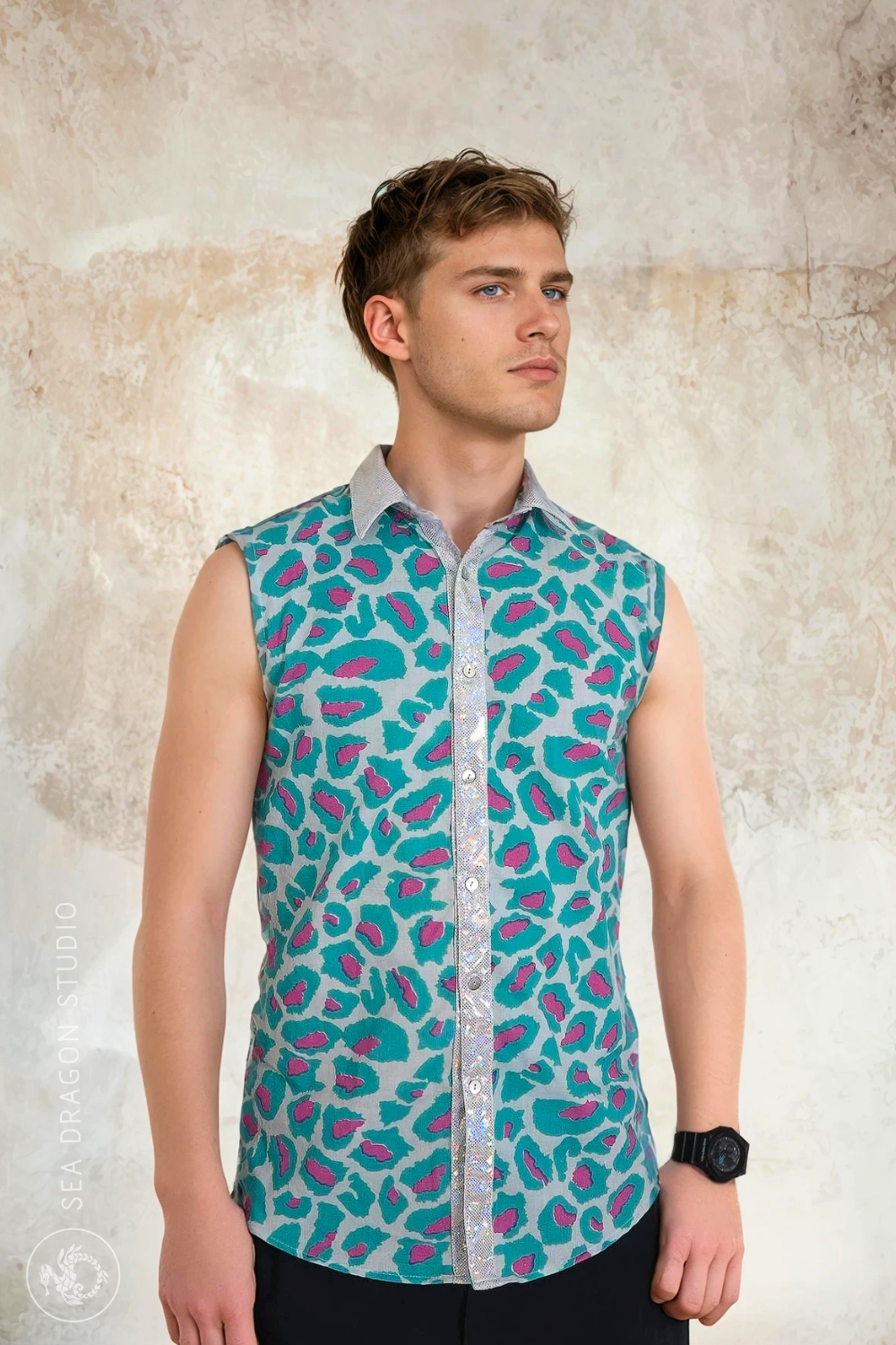 Sea Dragon Studio Mens Techno Leopard Shirt mens festival shirt — Burning Man and rave wear, worn at festival.