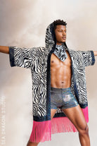 Sea Dragon Studio Zebra Hooded Kimono – front open view, zebra-print Burning Man kimono with holo trim