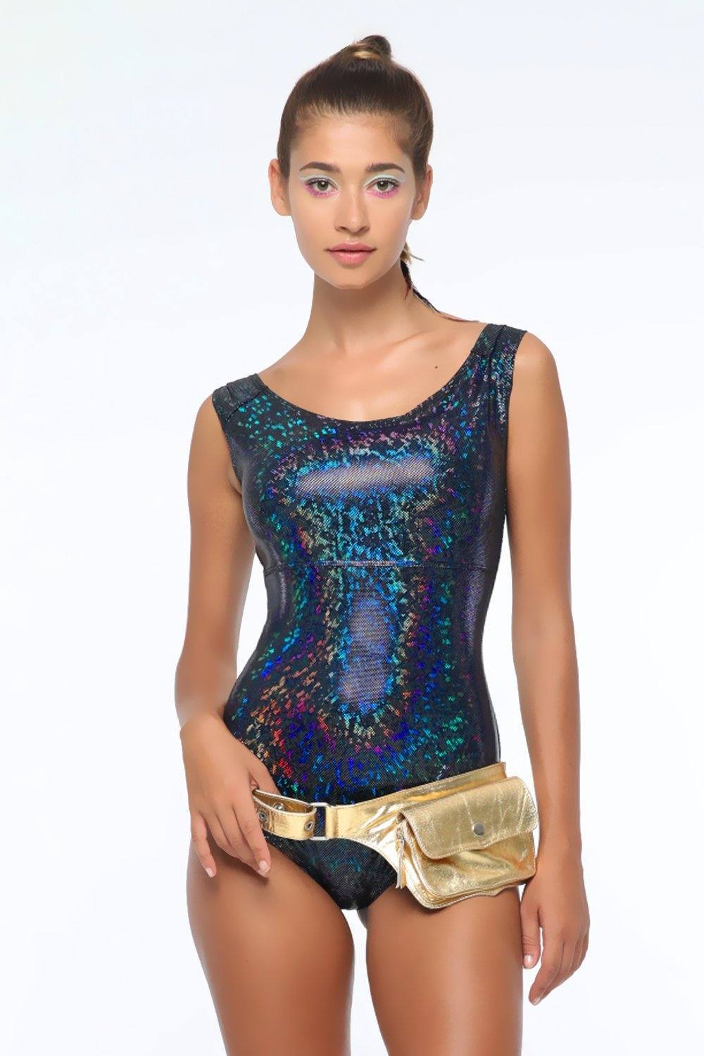Sea Dragon Studio holographic womens bodysuit — Burning Man and rave wear, worn at festival.