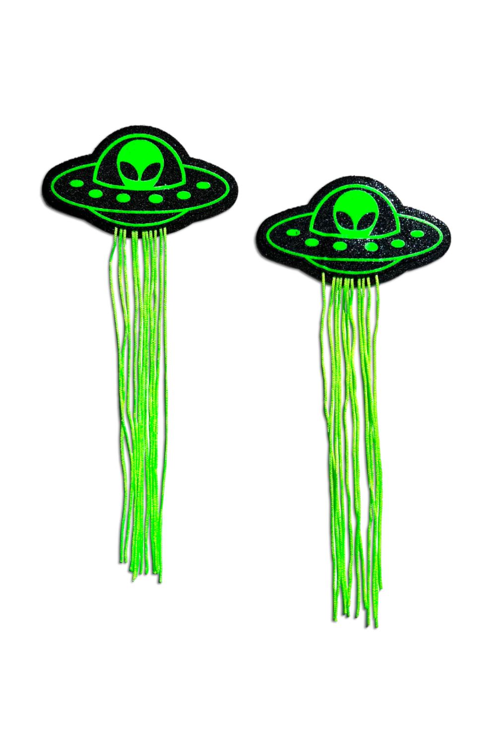 Sea Dragon Studio Tassel UFO Alien Glow-in-the-Dark Nipple Pasties womens festival pasties — festival and rave and pride wear, worn at festival.