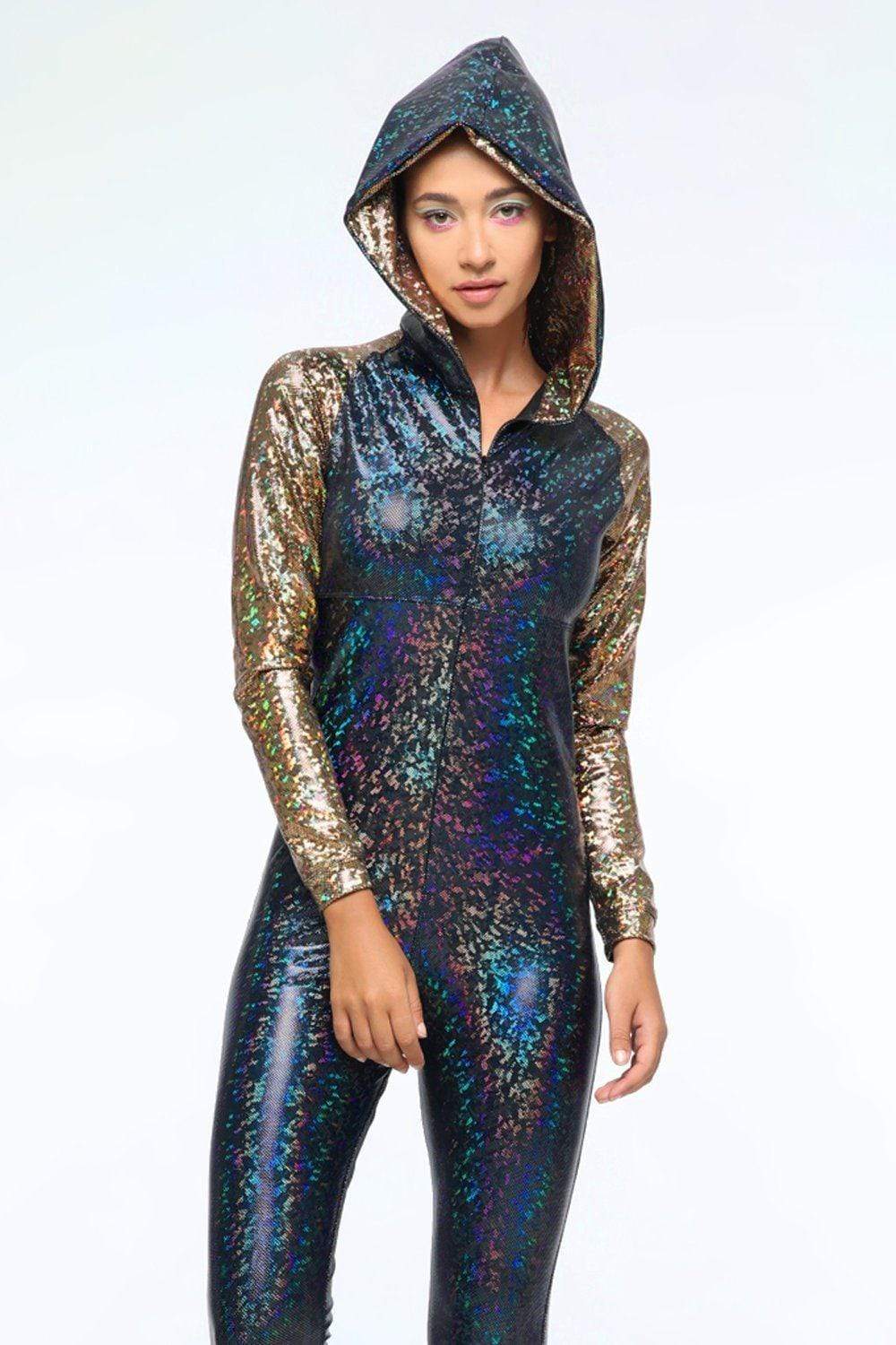 Sea Dragon Studio holographic womens festival jumpsuit — Burning Man and rave wear, worn at festival.