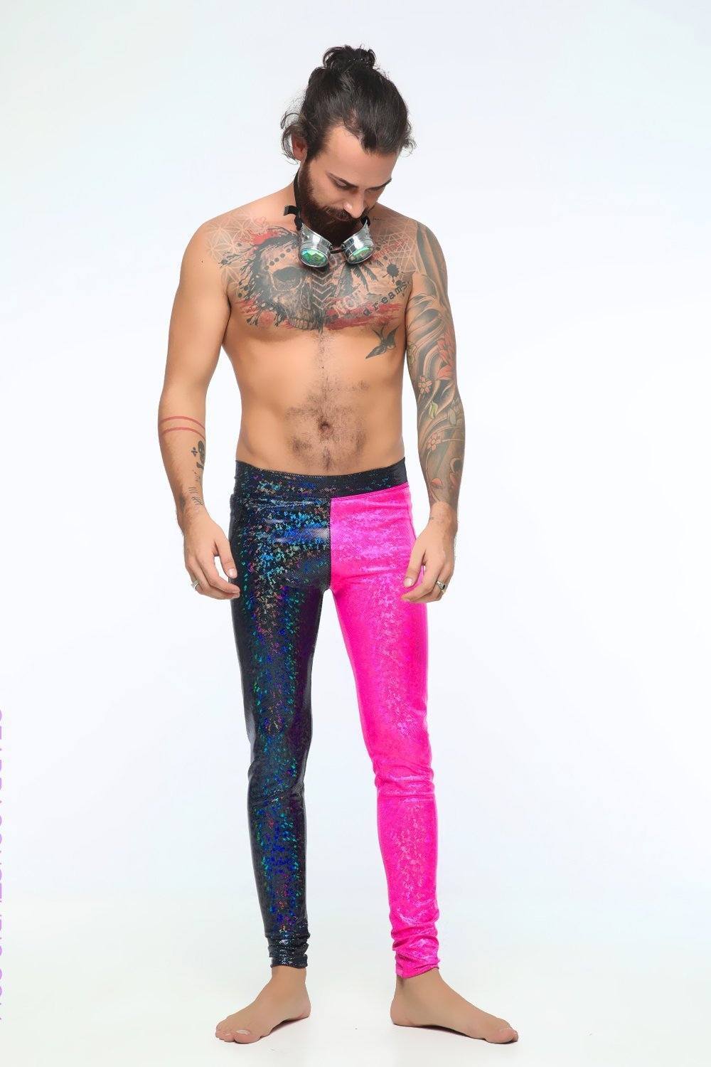 Sea Dragon Studio holographic mens festival leggings — Burning Man and festival and rave wear, worn at festival.