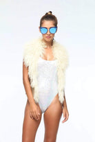 Sea Dragon Studio holographic retro bodysuit in motion - high-cut festival rave bodysuit for EDM and Burning Man.