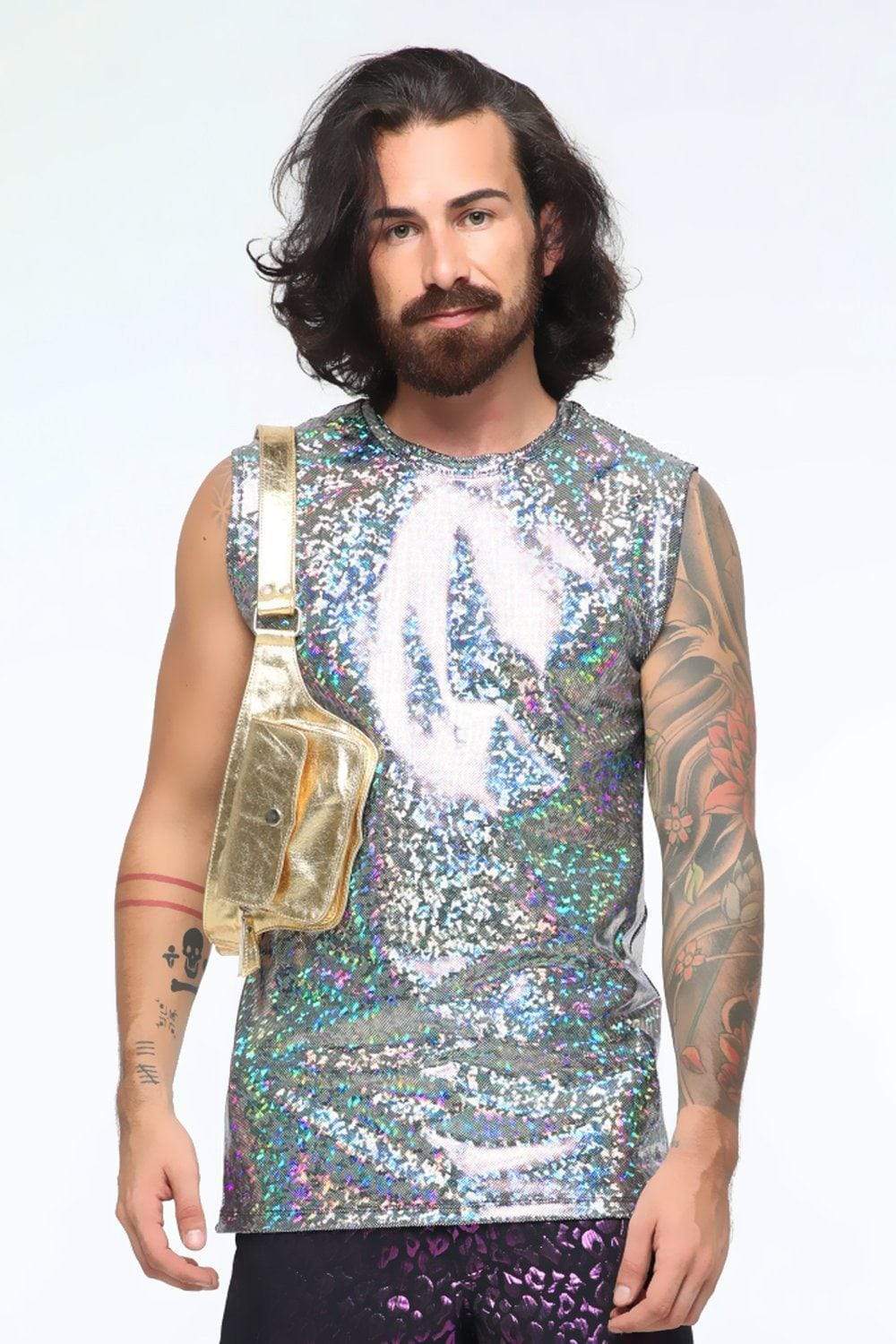 Sea Dragon Studio holographic sleeveless tee back view in silver - mens festival tank by Sea Dragon Studio.