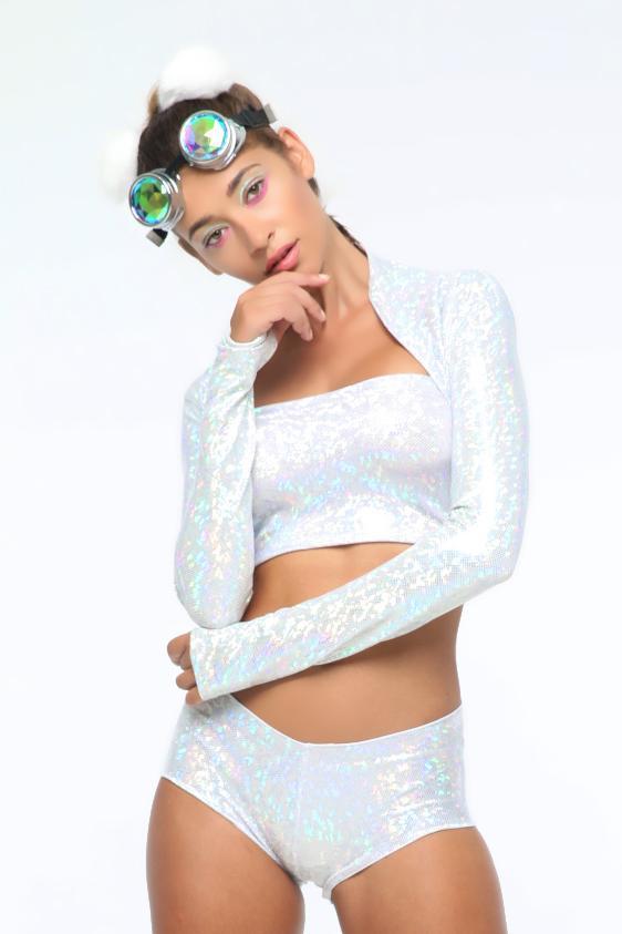 Sea Dragon Studio holographic womens festival jacket — rave wear, worn at festival.
