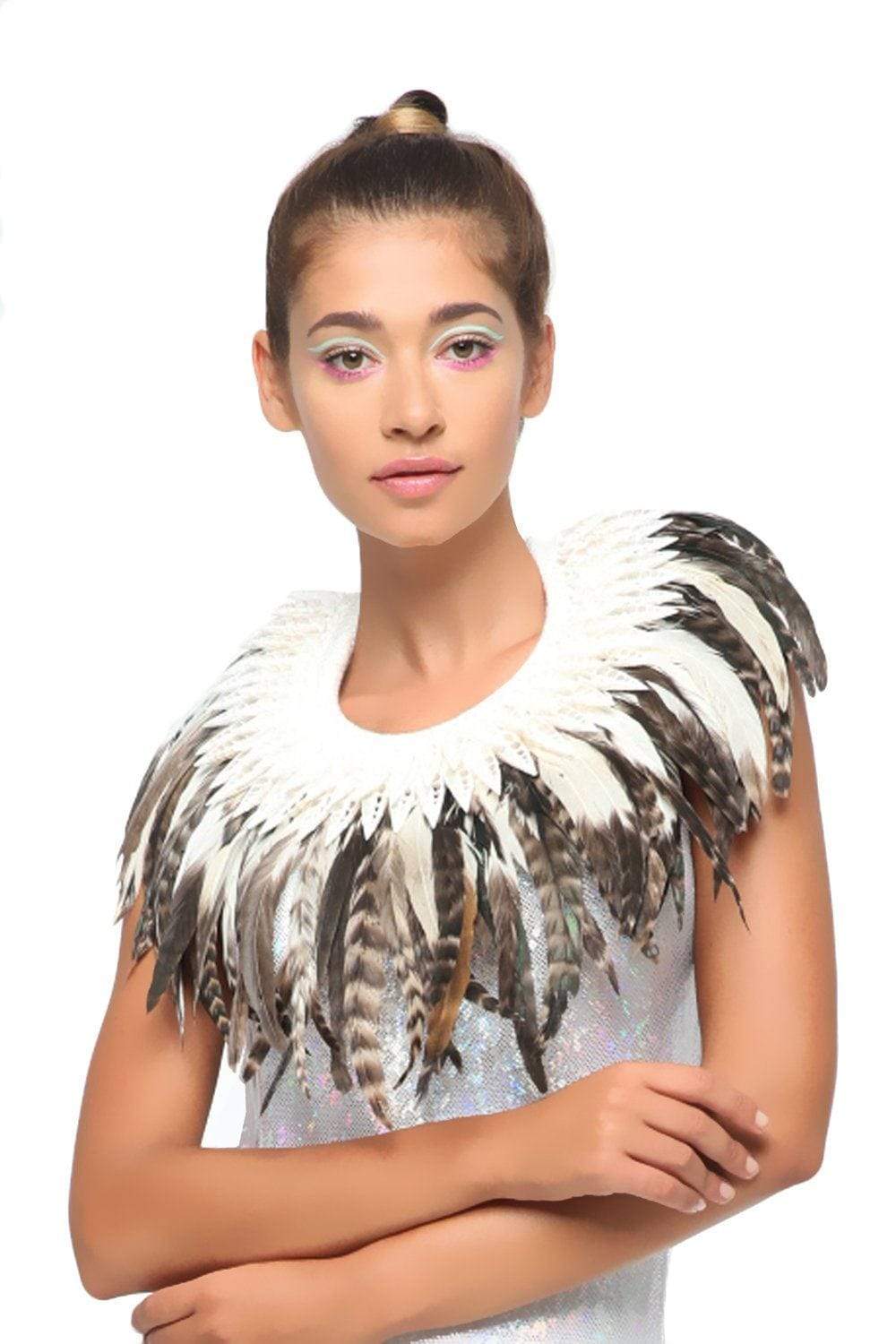 Sea Dragon Studio Earth-Tone Feather Collar gender-neutral festival accessory — festival and rave wear, worn at festival.