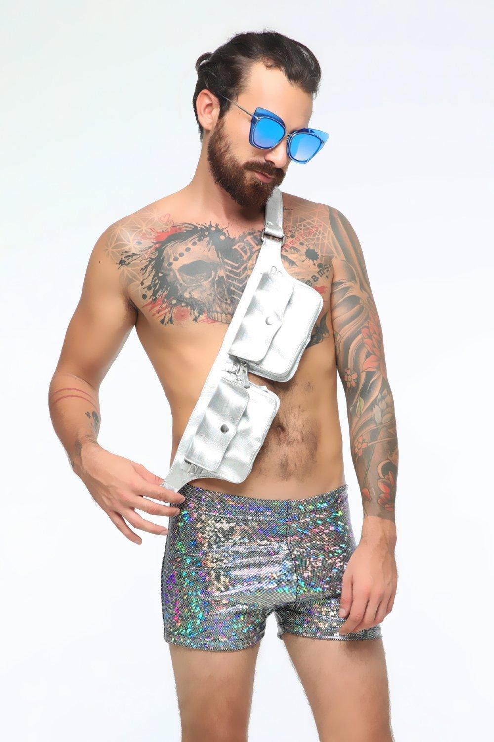 Sea Dragon Studio mens holographic rave shorts in motion - festival shorts for Burning Man and EDC events.