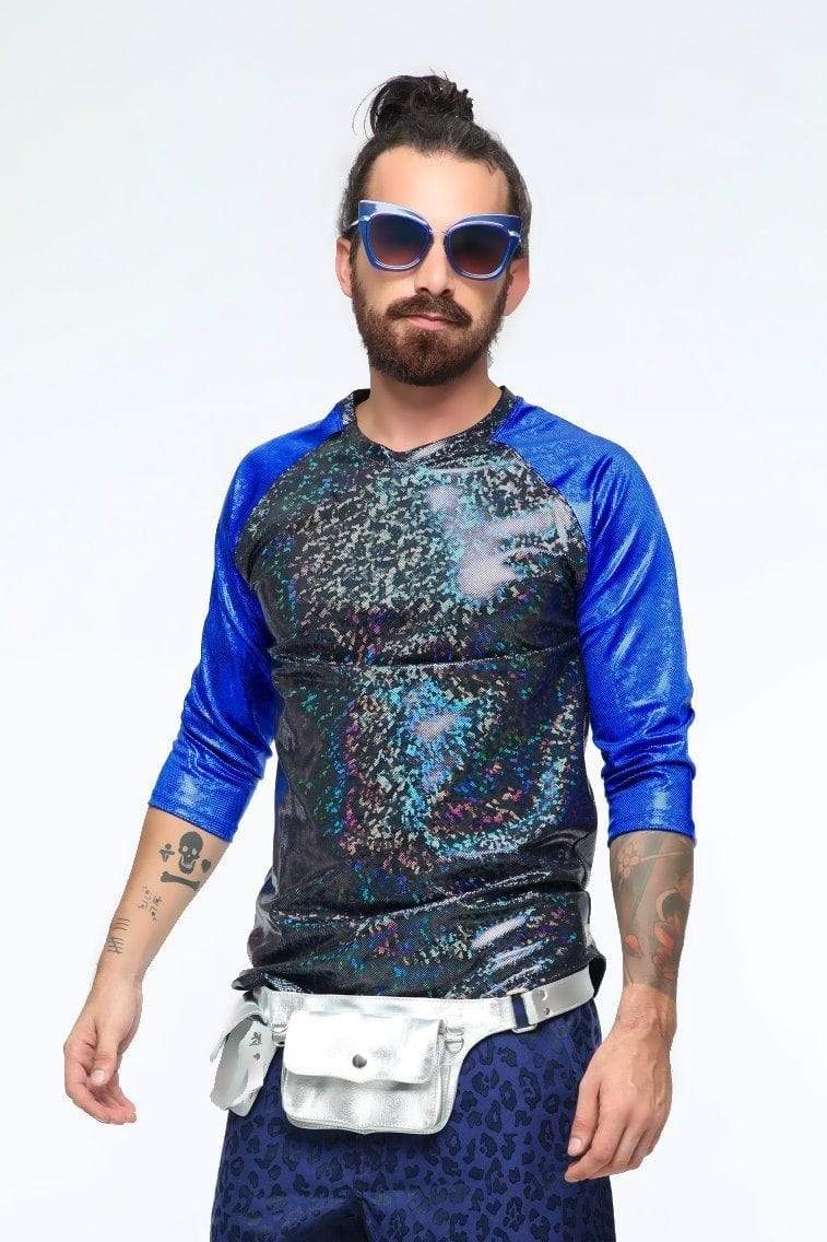 Sea Dragon Studio holographic hardball tee worn at festival - mens rave tee for Burning Man and EDM events.