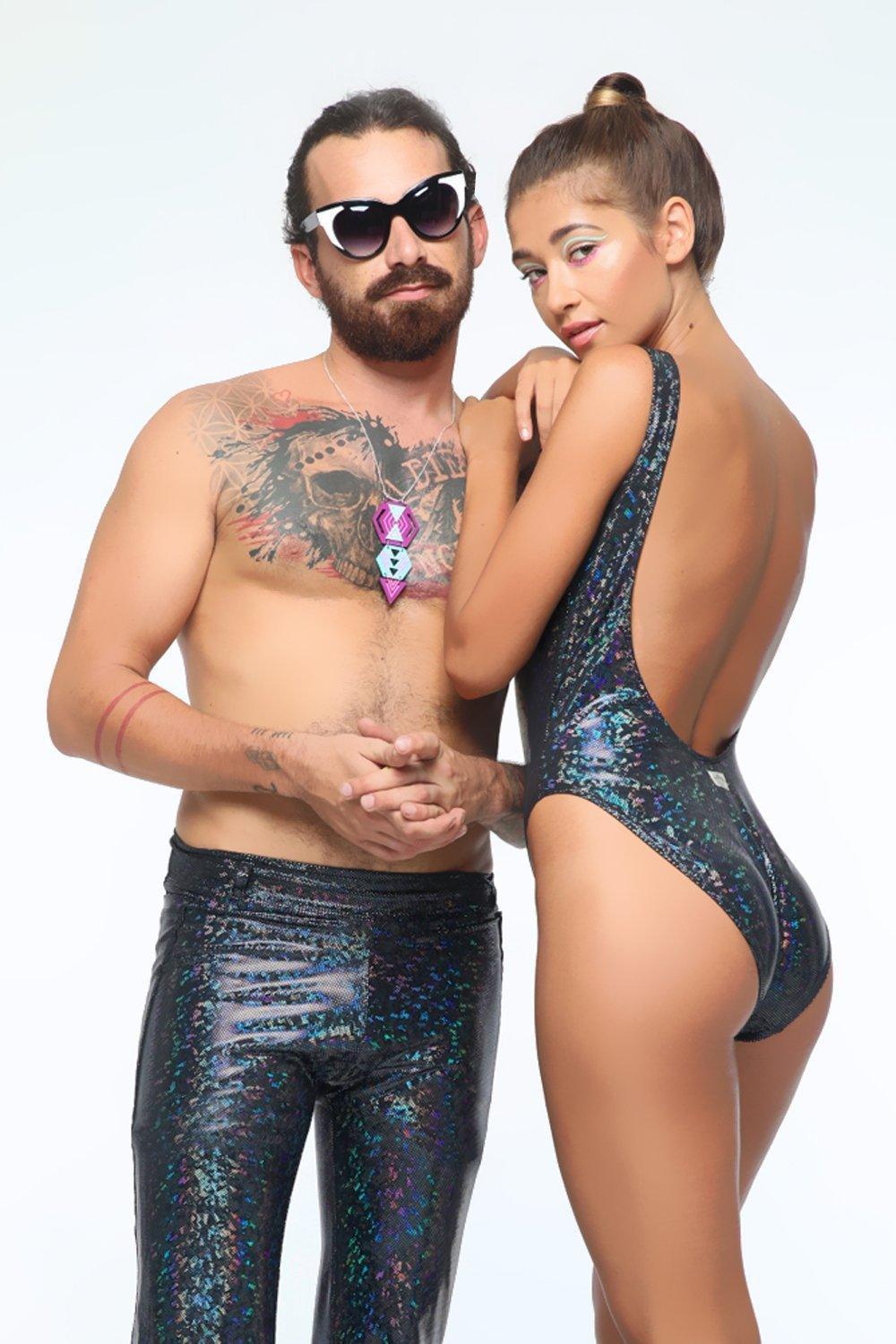 Sea Dragon Studio holographic retro bodysuit fabric detail - high-cut iridescent lycra festival bodysuit.