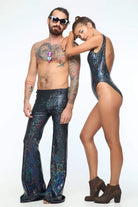 Sea Dragon Studio mens holographic flares back view in silver - wide-leg festival rave pants by Sea Dragon Studio.