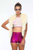 Sea Dragon Studio holographic roller shorts in motion - high-cut festival rave shorts for EDM and Burning Man.