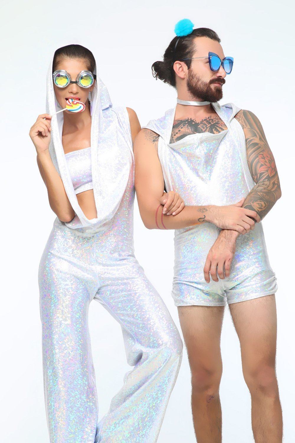 Sea Dragon Studio holographic mens festival jumpsuit — festival and rave wear, worn at festival.