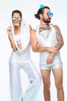 Sea Dragon Studio holographic mens festival jumpsuit — festival and rave wear, worn at festival.