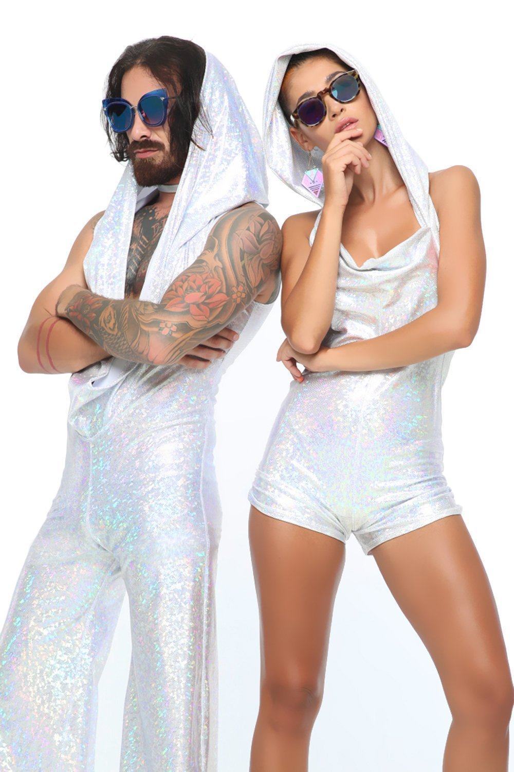 Sea Dragon Studio holographic playsuit worn at festival - womens rave playsuit for Burning Man and Pride.