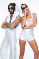 Sea Dragon Studio holographic mens jumpsuit in motion - stretch festival jumpsuit for rave and EDM events.