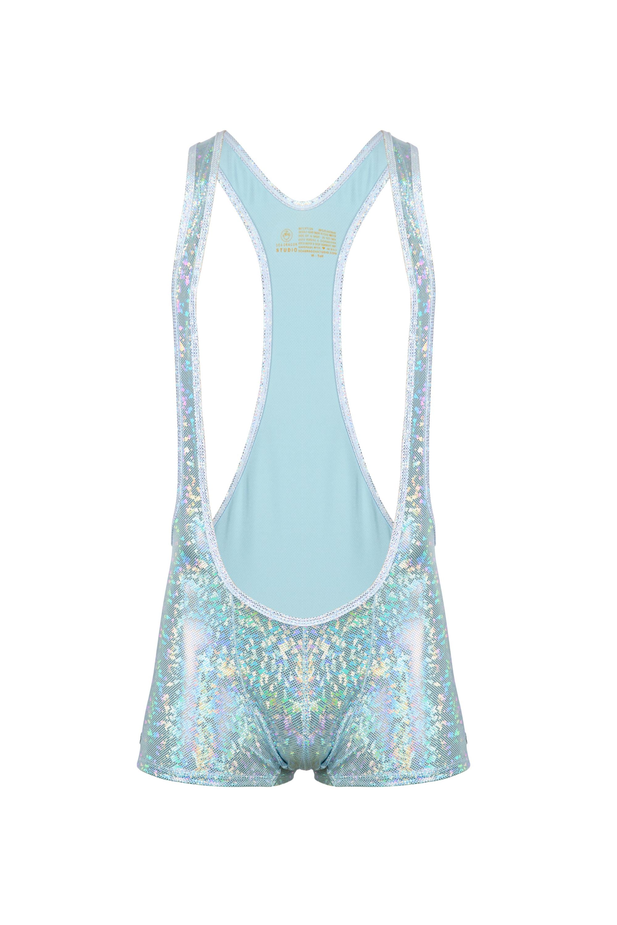 Sea Dragon Studio holographic mens wrestling singlet worn at festival - rave and Pride festival wear by Sea Dragon Studio.