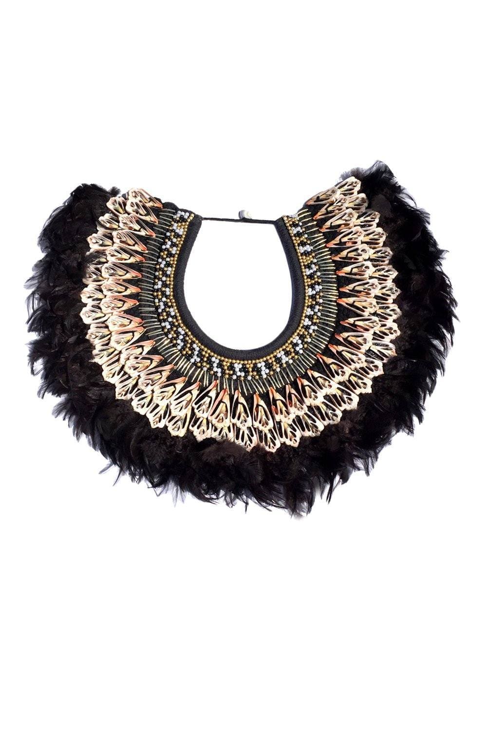 Sea Dragon Studio Bejeweled Black Feather Collar gender-neutral festival accessory — festival and rave wear, worn at festival.