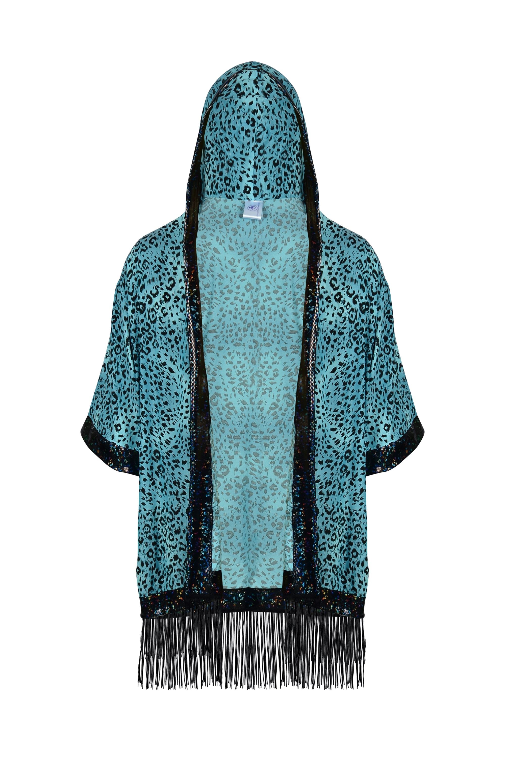 Sea Dragon Studio Big Cat Energy Hooded Kimono – Blueberry Leopard colorway, hooded rave kimono with fringe