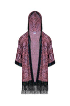 Sea Dragon Studio Big Cat Energy Hooded Kimono – Strawberry Leopard colorway, Burning Man kimono with fringe