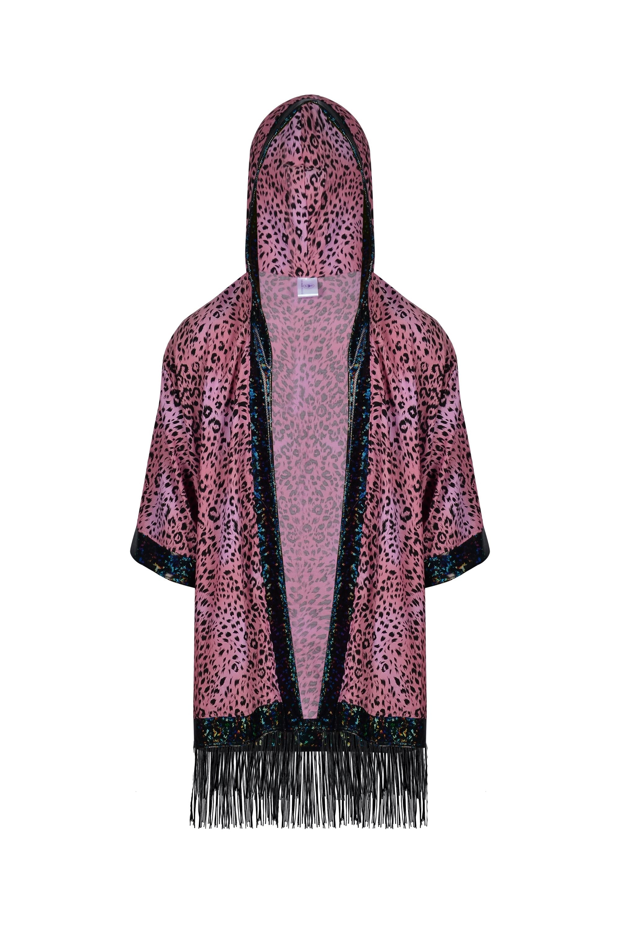 Sea Dragon Studio Big Cat Energy Hooded Kimono – Strawberry Leopard colorway, Burning Man kimono with fringe
