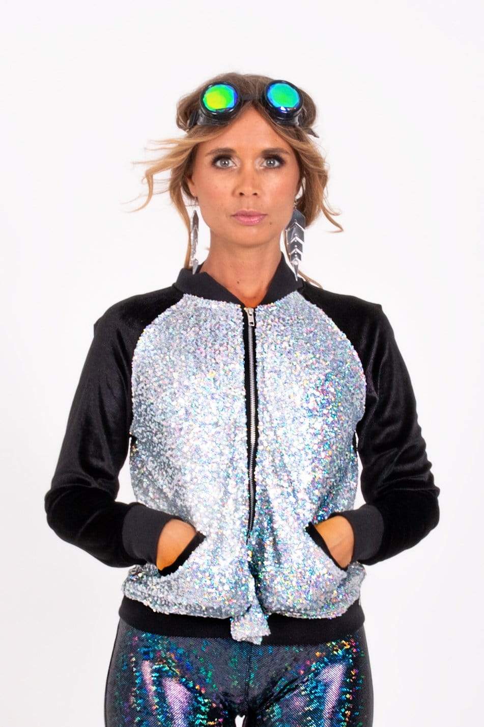Holo Silver Sequin Bomber Jacket Womens Tops SEA DRAGON STUDIO 