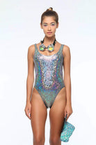 Sea Dragon Studio holographic high-cut retro bodysuit in gold - womens rave bodysuit for Burning Man and EDM events.