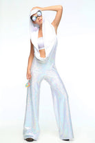 Sea Dragon Studio holographic disco jumpsuit back view in silver - festival rave jumpsuit by Sea Dragon Studio.