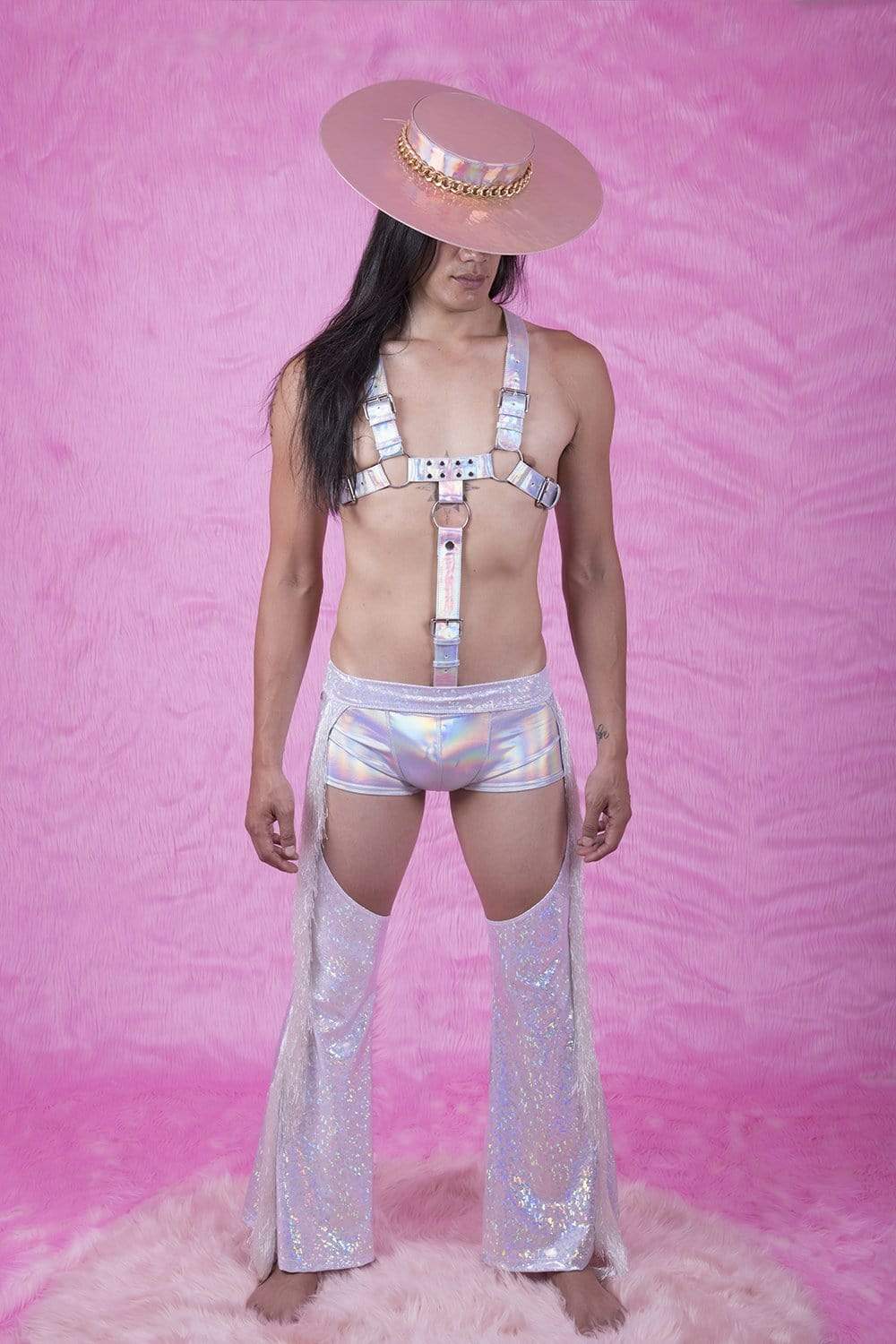 Sea Dragon Studio holographic fringe chaps in motion - fringe festival wear for EDM events and rave performances.