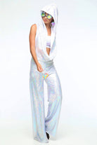 Sea Dragon Studio holographic jumpsuit fabric detail - iridescent lycra womens festival disco jumpsuit.