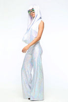 Sea Dragon Studio holographic disco jumpsuit worn at festival - womens rave jumpsuit for Burning Man and Pride.