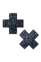 Sea Dragon Studio Crystal Jewel Black Cross Nipple Pasties womens festival pasties — festival and rave wear, worn at festival.
