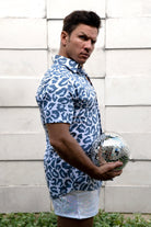 Sea Dragon Studio Dusty Leopard Short Sleeve Button Down Shirt mens festival shirt — Burning Man and rave wear, worn at festival.