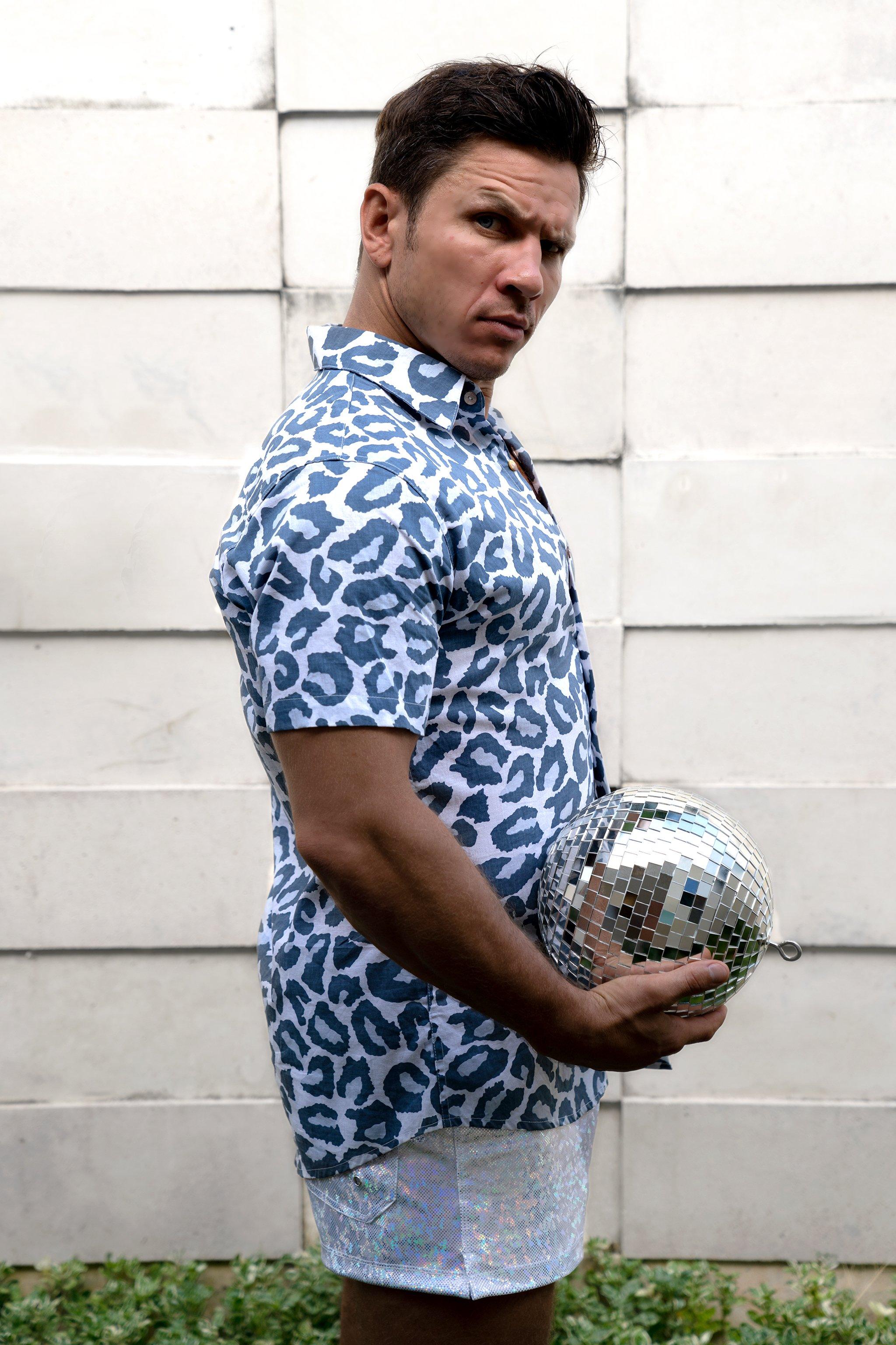 Sea Dragon Studio Dusty Leopard Short Sleeve Button Down Shirt mens festival shirt — Burning Man and rave wear, worn at festival.