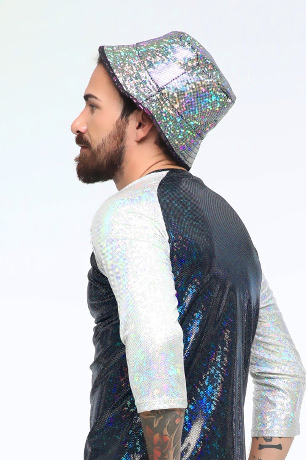 Sea Dragon Studio holographic tee sleeve detail - iridescent contrast sleeves on mens festival baseball tee.