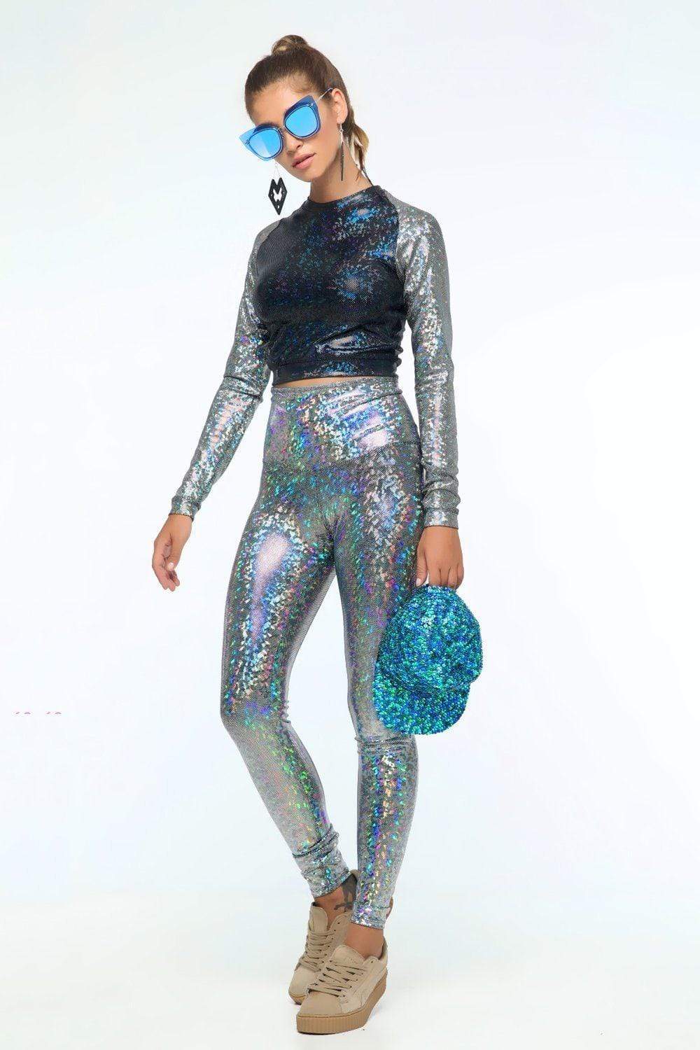 Sea Dragon Studio holographic womens festival flares — rave wear, worn at festival.