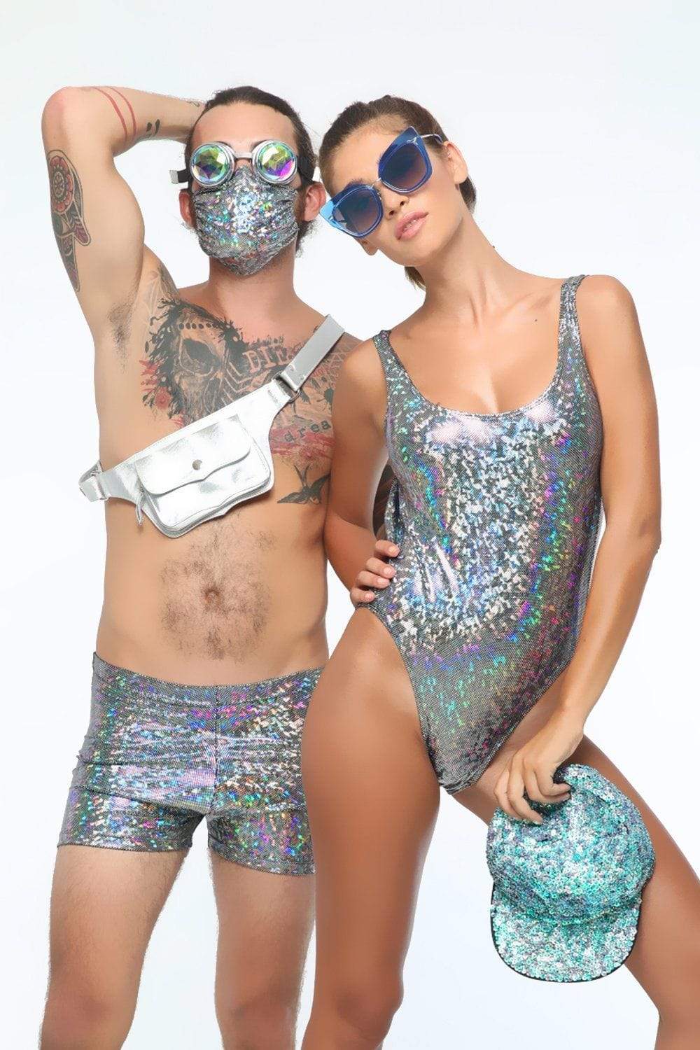 Sea Dragon Studio holographic retro bodysuit at Pride - gender-inclusive festival rave bodysuit by Sea Dragon Studio.