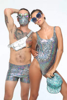 Sea Dragon Studio holographic retro bodysuit at Pride - gender-inclusive festival rave bodysuit by Sea Dragon Studio.