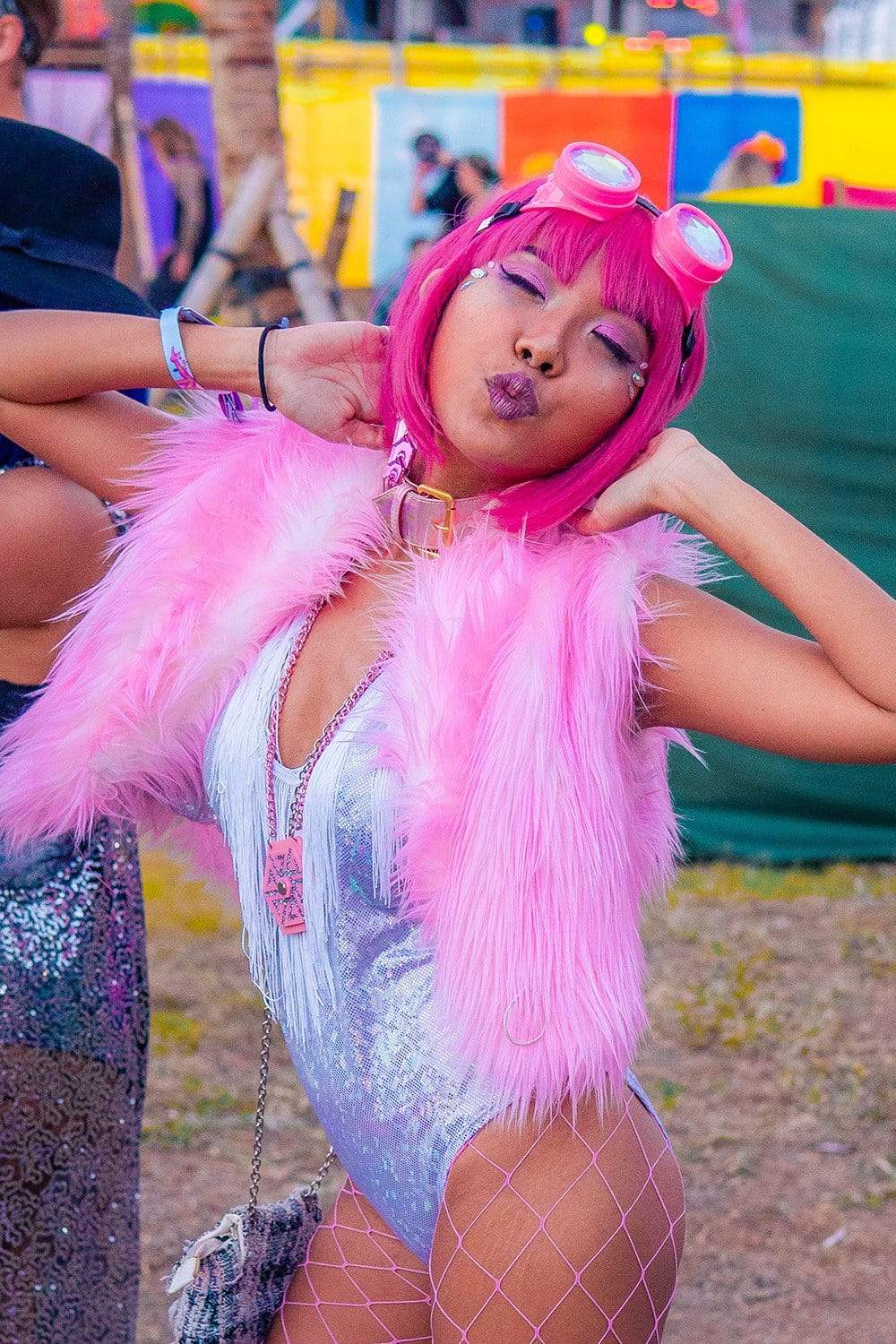 Sea Dragon Studio Candy Flip fur vest holographic lining side - reversible festival vest for Burning Man and rave events.