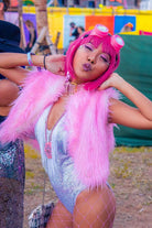 Sea Dragon Studio Candy Flip fur vest holographic lining side - reversible festival vest for Burning Man and rave events.