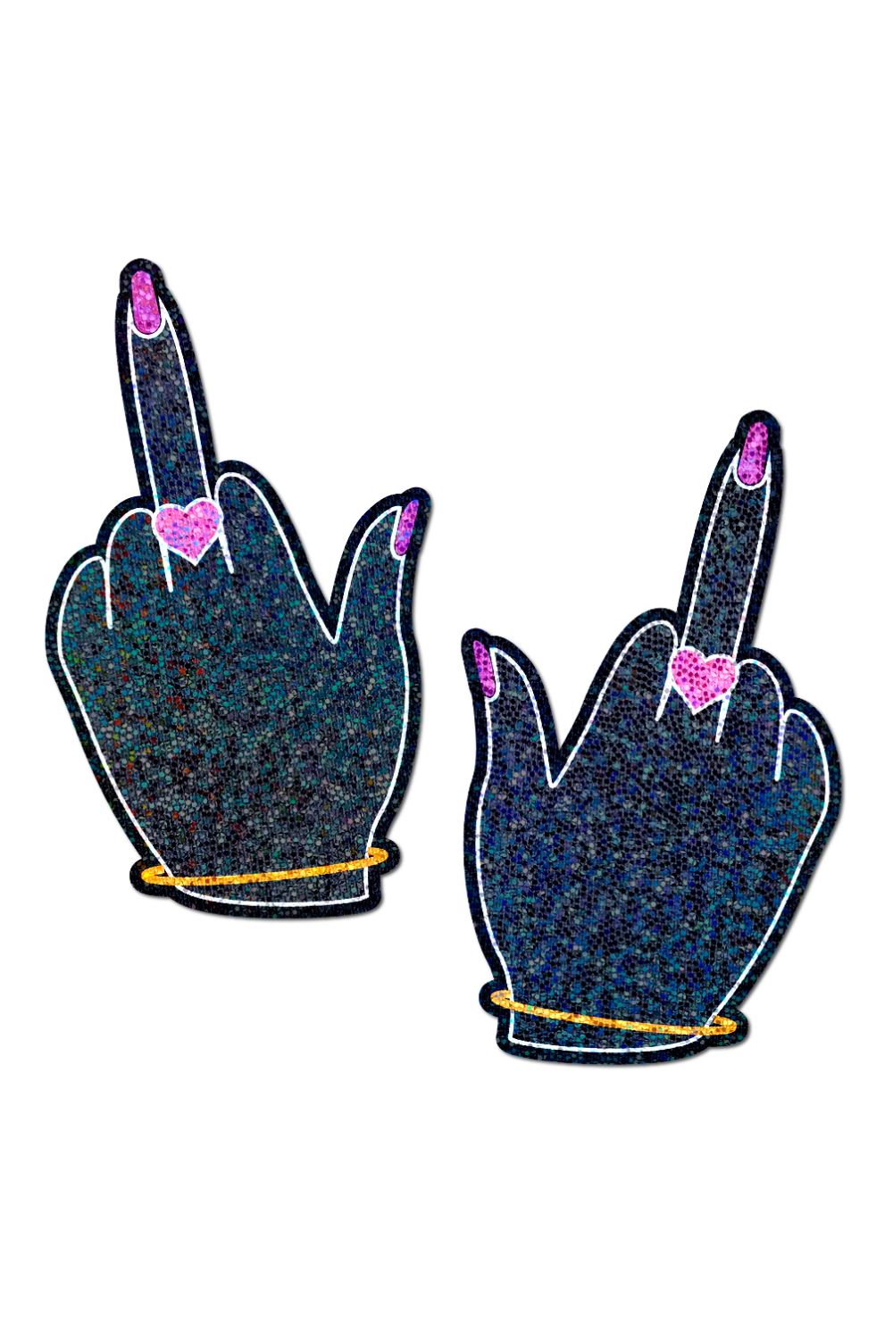 Sea Dragon Studio Glittering F*ck You Lady Hands Nipple Pasties womens festival pasties — festival and rave and pride wear, worn at festival.