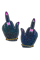 Sea Dragon Studio Glittering F*ck You Lady Hands Nipple Pasties womens festival pasties — festival and rave and pride wear, worn at festival.