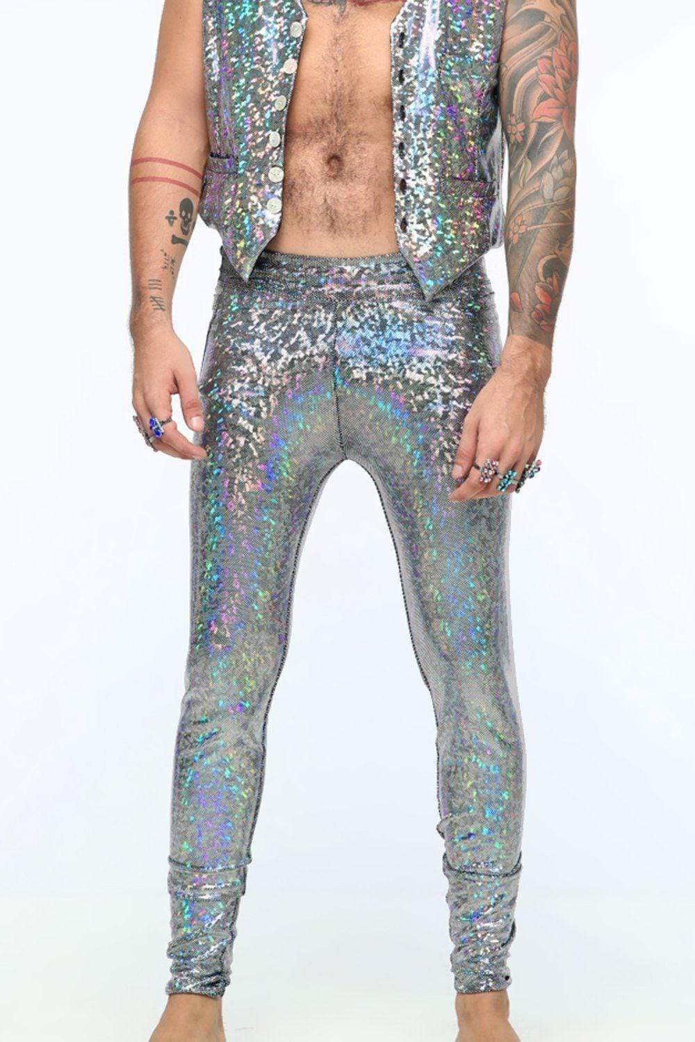 Sea Dragon Studio holographic meggings for men with pockets in silver - festival leggings for Burning Man and rave events.