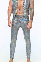 Sea Dragon Studio holographic meggings for men with pockets in silver - festival leggings for Burning Man and rave events.