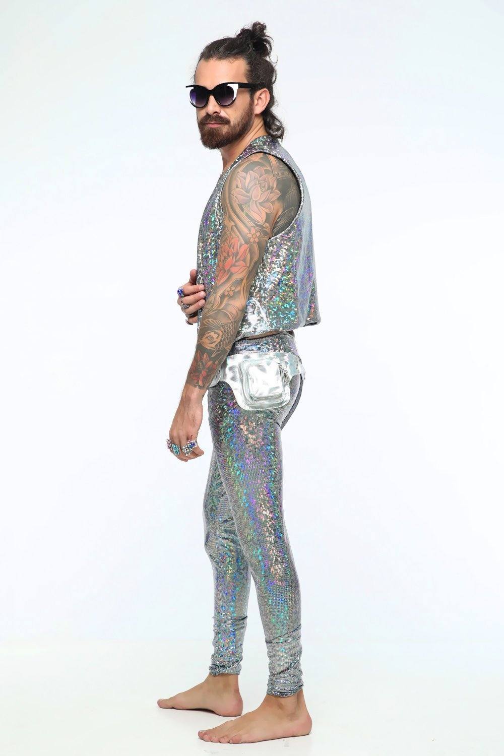 Sea Dragon Studio mens holographic meggings worn at rave - holographic festival leggings for Burning Man and EDM events.
