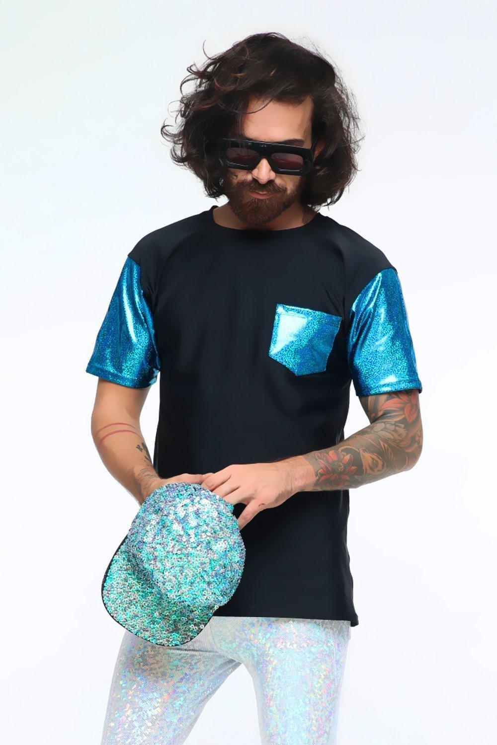 Sea Dragon Studio holographic gender-neutral festival tee — festival and rave wear, worn at festival.