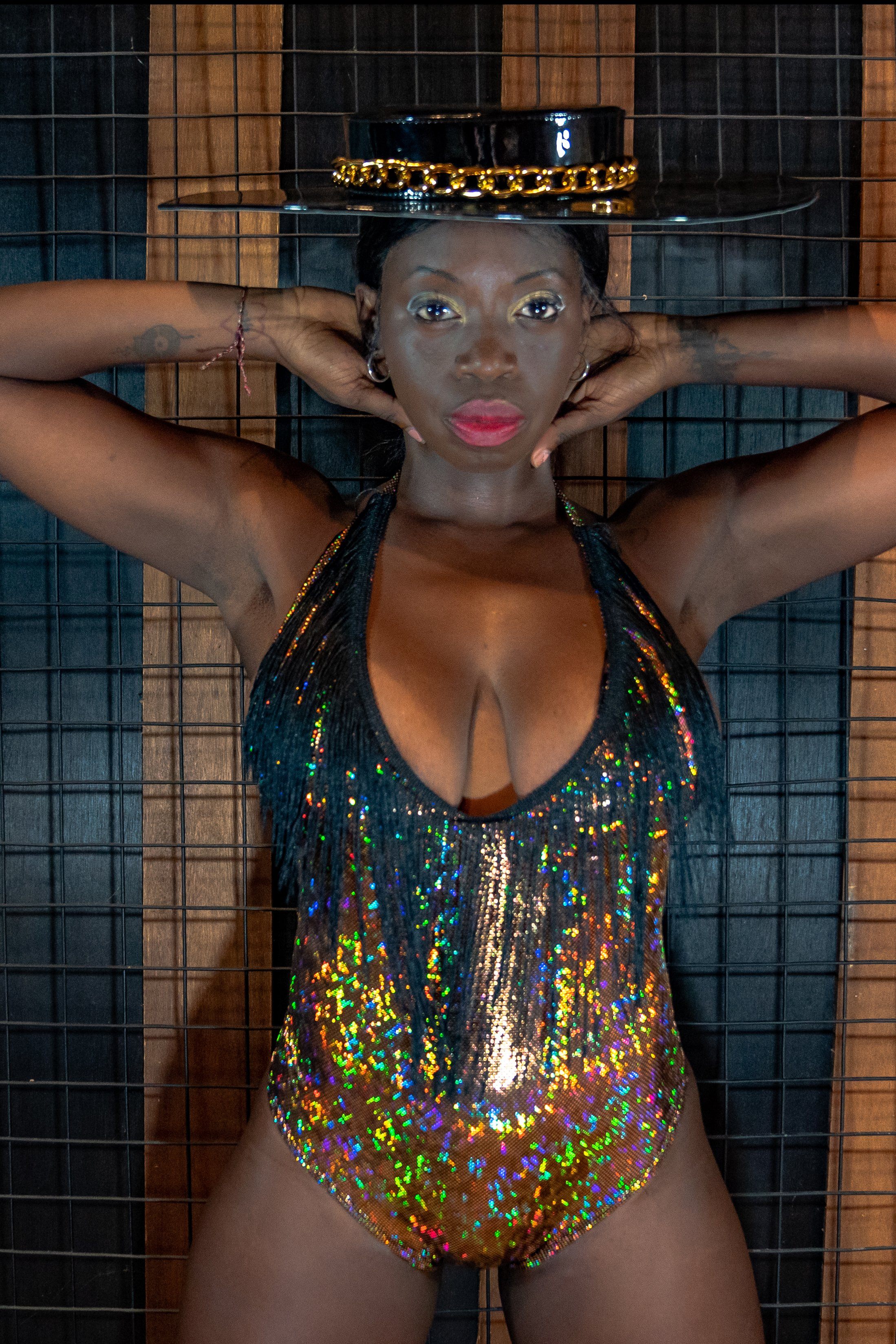 Sea Dragon Studio holographic fringe bodysuit detail - iridescent lycra bodysuit with fringe trim movement.