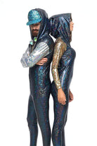 Sea Dragon Studio mens holographic festival jumpsuit worn at rave - EDM stage wear by Sea Dragon Studio.