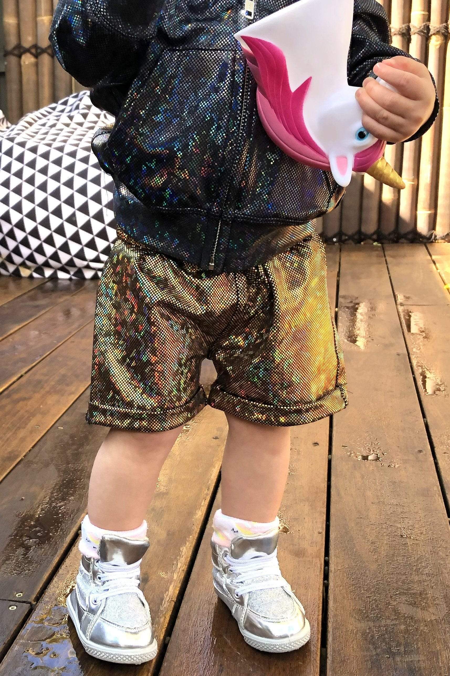 Sea Dragon Studio holographic gender-neutral kids festival wear — festival and rave wear, worn at festival.