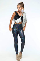 Sea Dragon Studio holographic leggings pocket detail - iridescent lycra festival leggings with functional pockets.