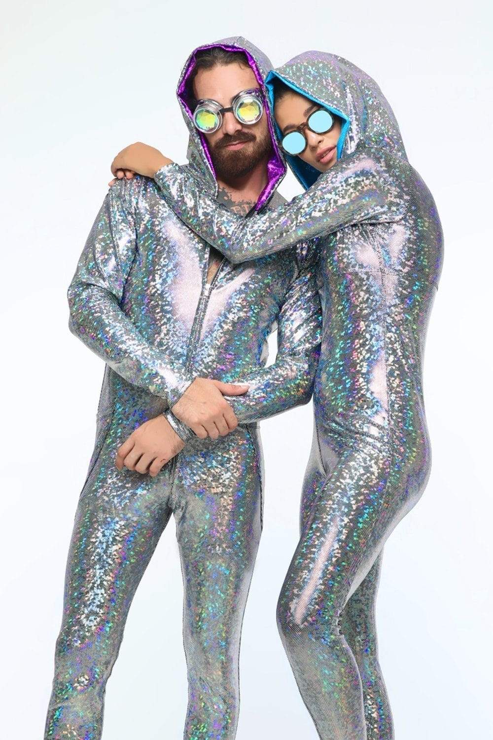 Sea Dragon Studio holographic jumpsuit fabric detail - iridescent lycra full-length festival jumpsuit.